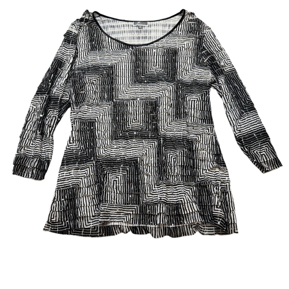 🖤🤍 JM Collection Black White Pleated Shimmer Stretch Pullover Top Women M 🖤🤍